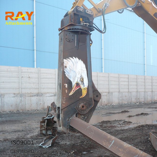 Hydraulic excavator demolition shear for cutting scrap
